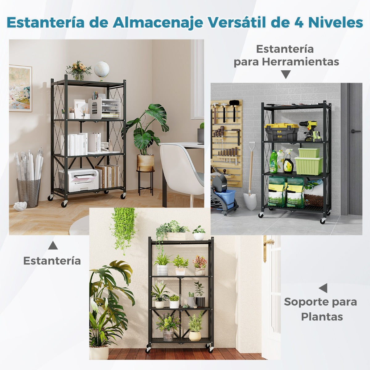 Estante de Almacenamiento Plegable de 4 Niveles con Ruedas Unidad de Estantería de Metal Organizador para Cocina Salón Taller Garaje Negro