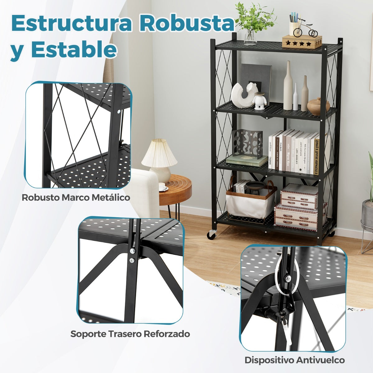Estante de Almacenamiento Plegable de 4 Niveles con Ruedas Unidad de Estantería de Metal Organizador para Cocina Salón Taller Garaje Negro