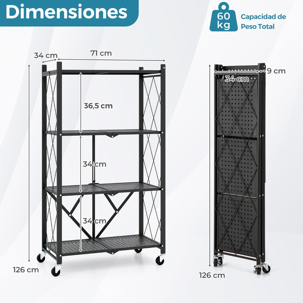 Estante de Almacenamiento Plegable de 4 Niveles con Ruedas Unidad de Estantería de Metal Organizador para Cocina Salón Taller Garaje Negro