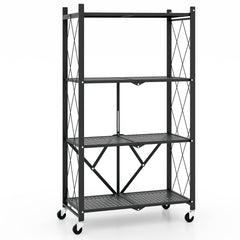 Estante de Almacenamiento Plegable de 4 Niveles con Ruedas Unidad de Estantería de Metal Organizador para Cocina Salón Taller Garaje Negro