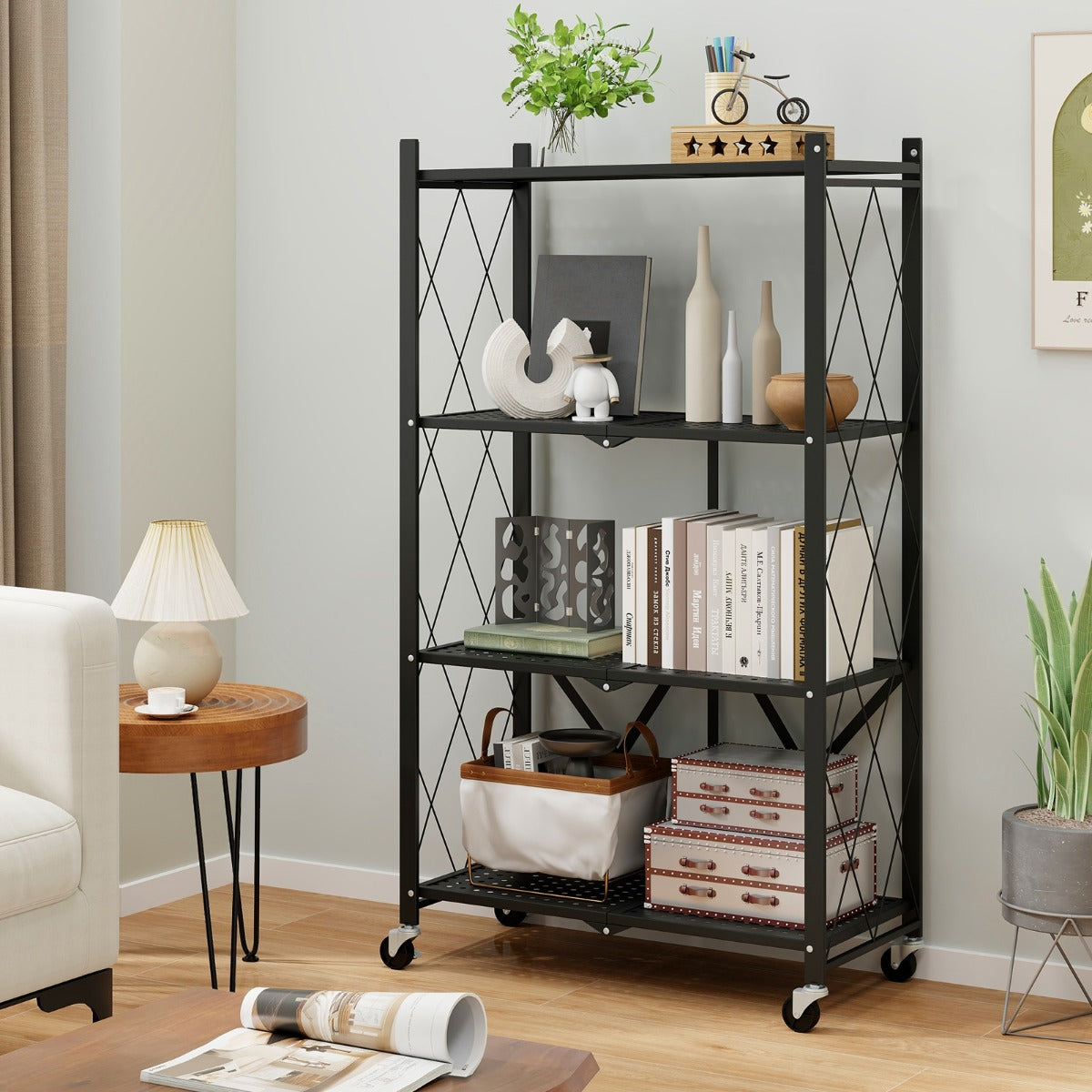 Estante de Almacenamiento Plegable de 4 Niveles con Ruedas Unidad de Estantería de Metal Organizador para Cocina Salón Taller Garaje Negro