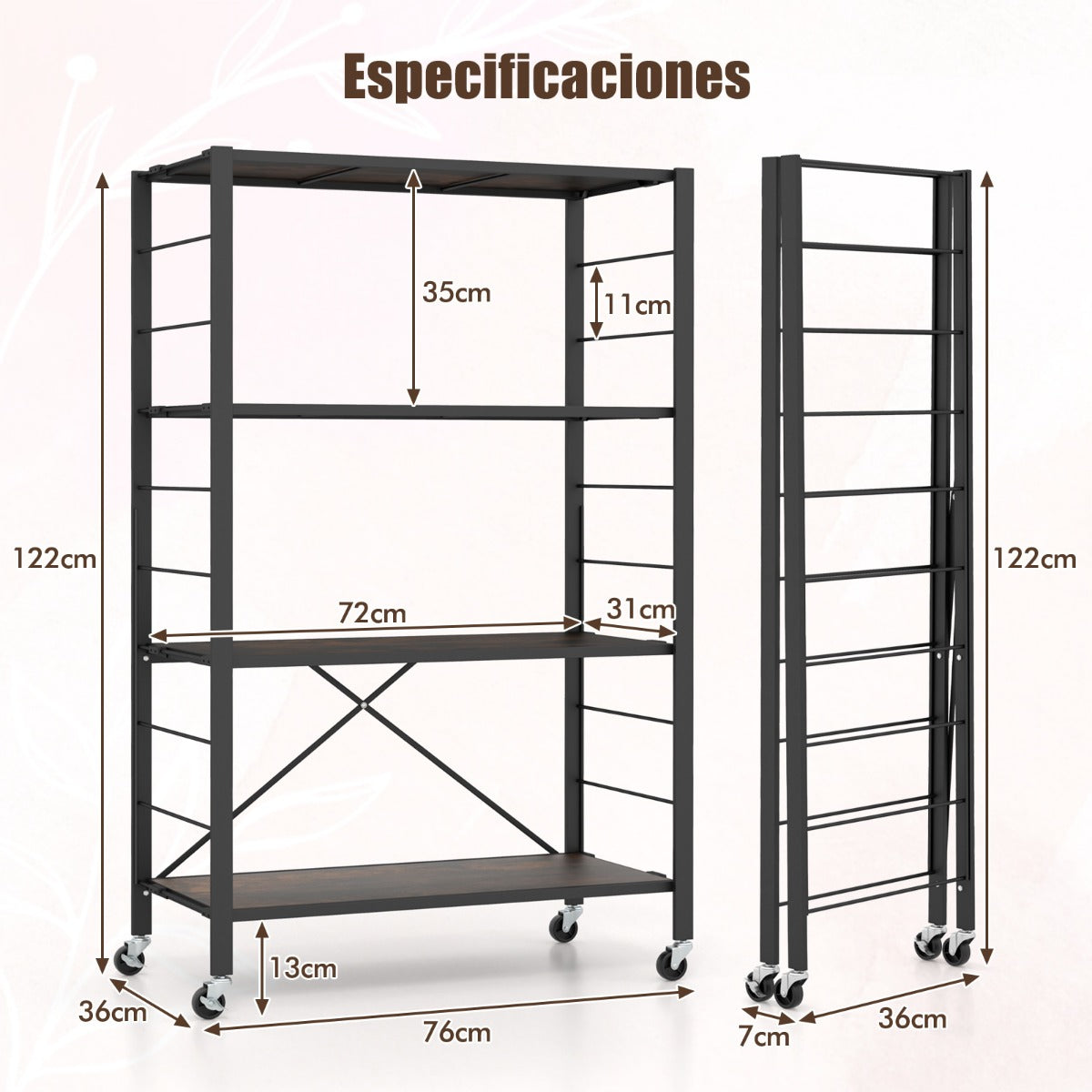 Estante de Almacenamiento Plegable de 4 Niveles con Ruedas Bloqueables Gran Capacidad para Cocina Sala de Estar 76 x 36 x 122 cm Negro