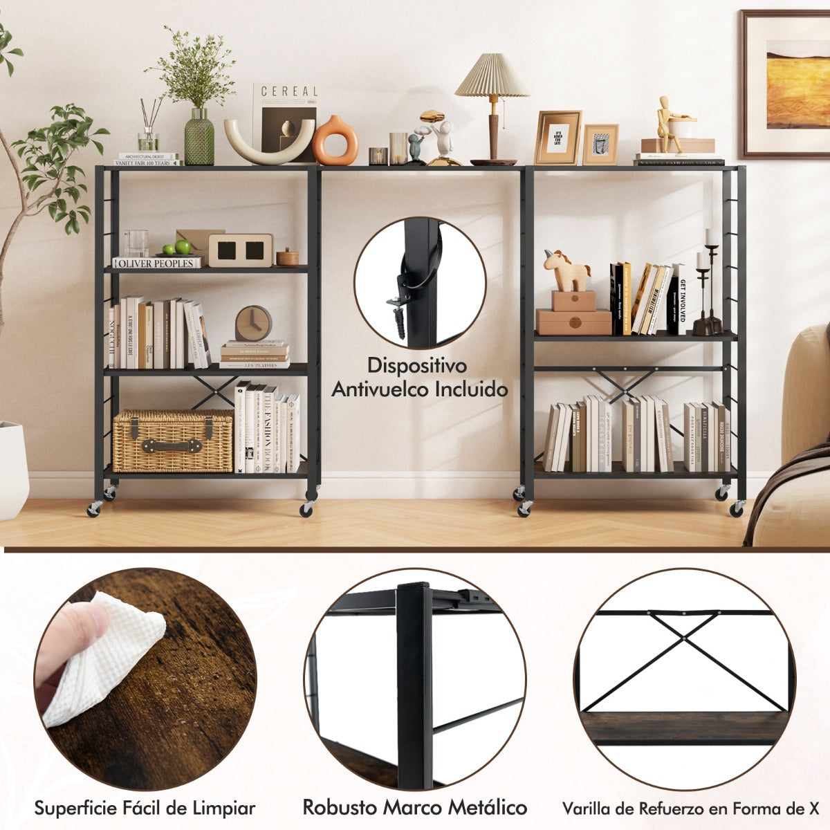 Estante de Almacenamiento Plegable de 4 Niveles con Ruedas Bloqueables Gran Capacidad para Cocina Sala de Estar 76 x 36 x 122 cm Negro