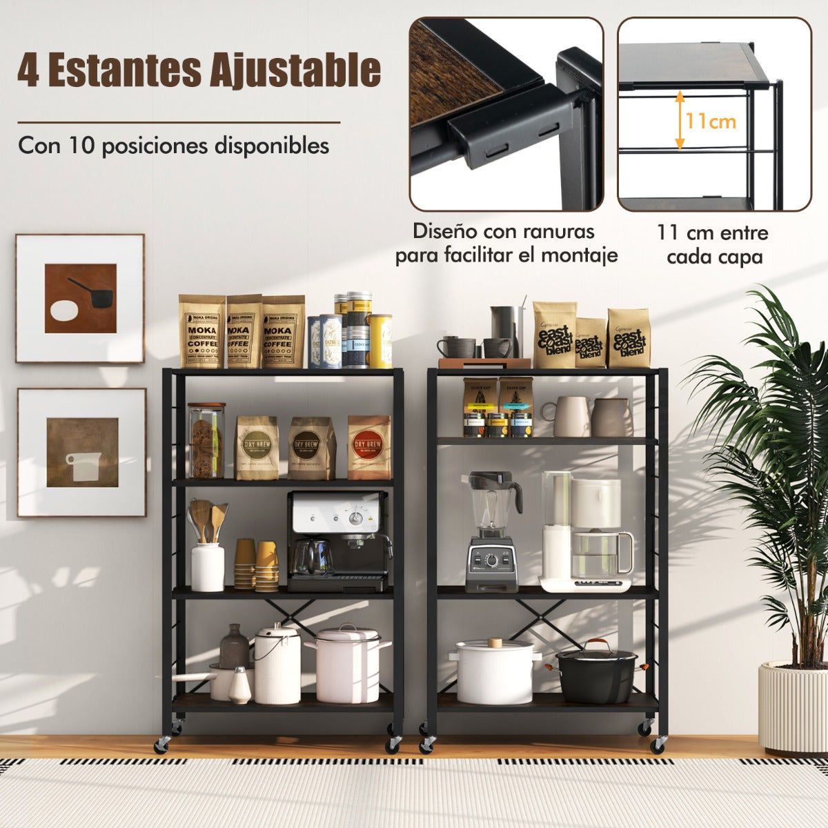 Estante de Almacenamiento Plegable de 4 Niveles con Ruedas Bloqueables Gran Capacidad para Cocina Sala de Estar 76 x 36 x 122 cm Negro