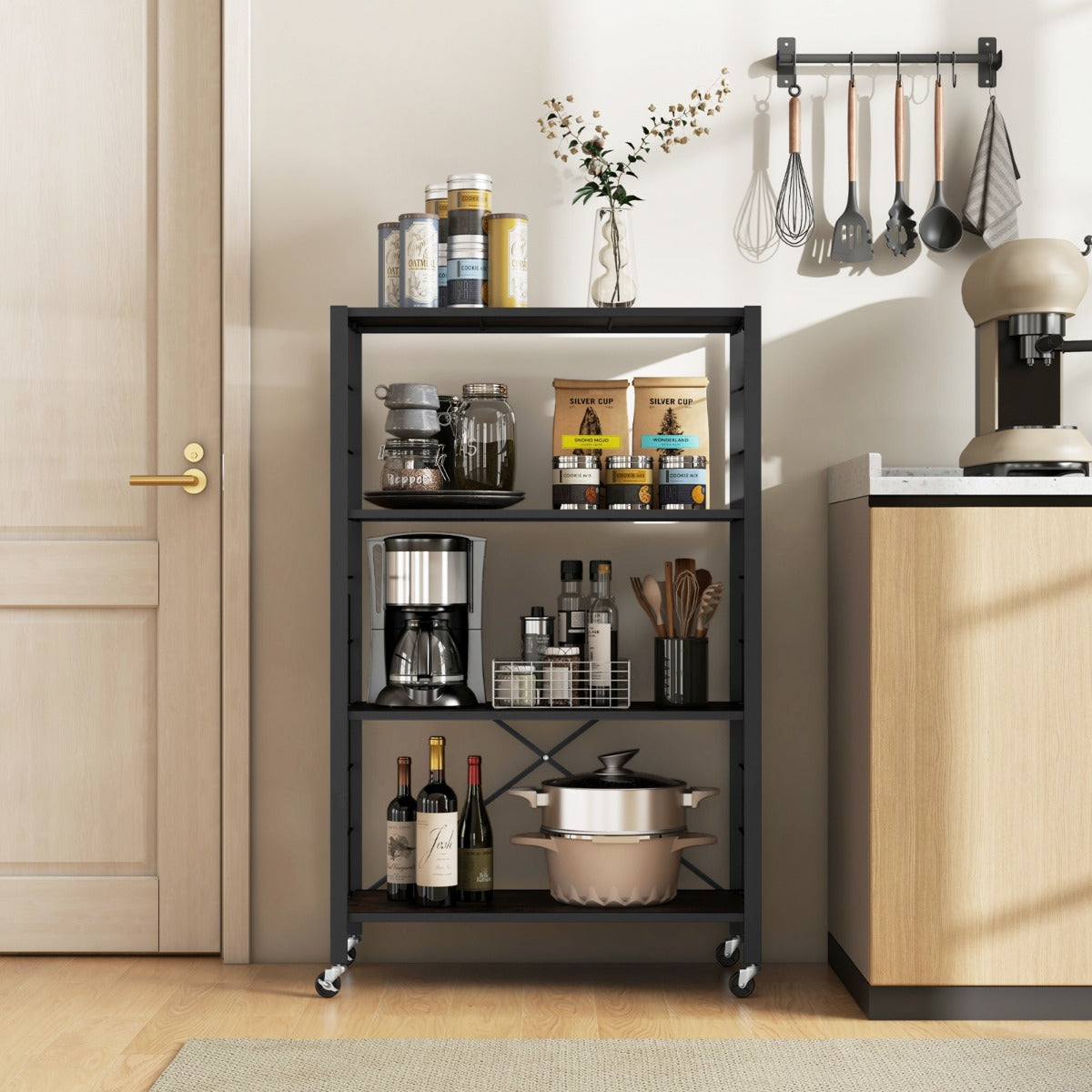 Estante de Almacenamiento Plegable de 4 Niveles con Ruedas Bloqueables Gran Capacidad para Cocina Sala de Estar 76 x 36 x 122 cm Negro