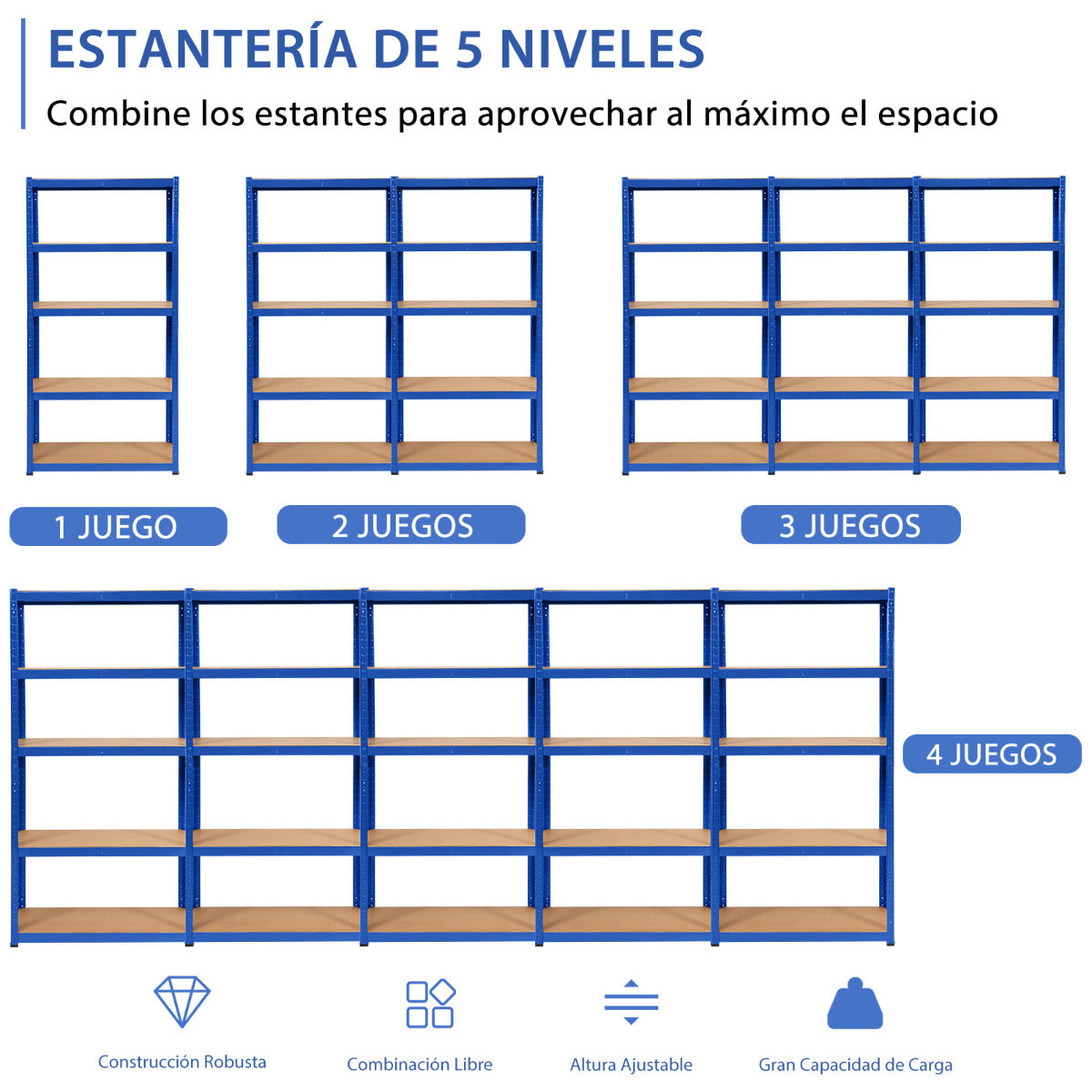Estante de Cargas Pesadas con 5 capas Azul Estantería Metálica de Almacenamiento para Organizar Herramientas