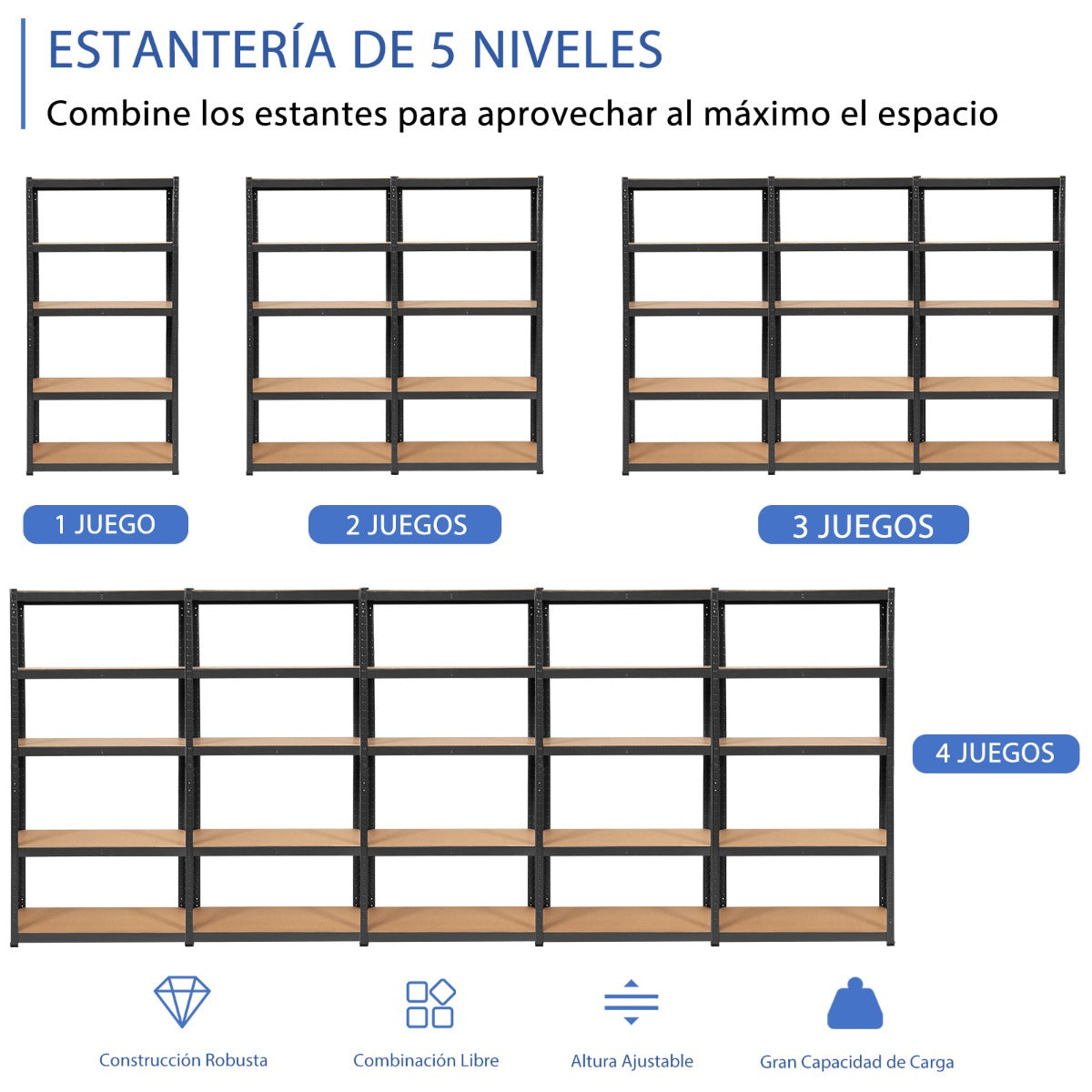 Estante de Cargas Pesadas con 5 Capas Estantería Metálica de Almacenamiento para Organizar Herramientas Negro