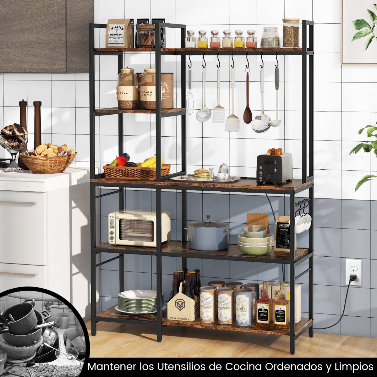 Estante de Almacenamiento de Utilidad para Cocina de 5 Niveles con 10 Ganchos Soporte para Microondas de 160 CM para Comedor Despensa Marrón