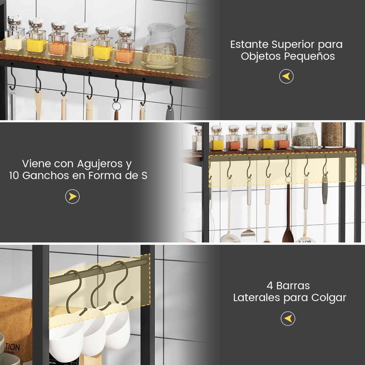 Estante de Almacenamiento de Utilidad para Cocina de 5 Niveles con 10 Ganchos Soporte para Microondas de 160 CM para Comedor Despensa Marrón