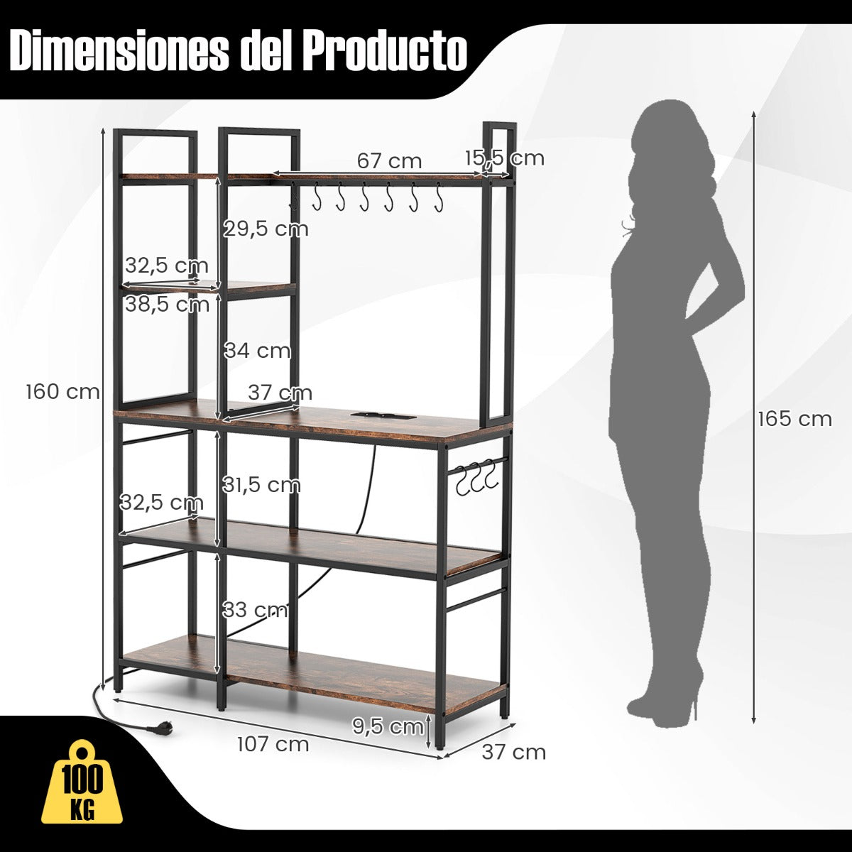 Estante de Almacenamiento de Utilidad para Cocina de 5 Niveles con 10 Ganchos Soporte para Microondas de 160 CM para Comedor Despensa Marrón