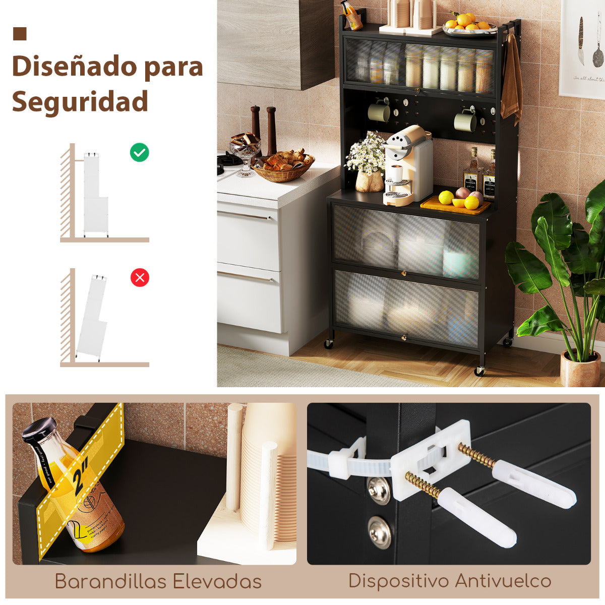 Estante de Cocina de 5 Niveles con Luces Soporte para Microondas con Puertas Gabinete para Despensa con Ruedas Aparador para Comedor Negro