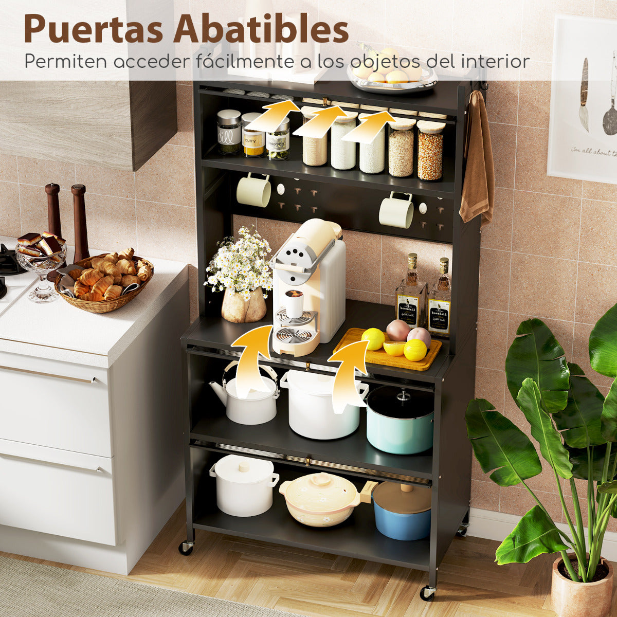 Estante de Cocina de 5 Niveles con Luces Soporte para Microondas con Puertas Gabinete para Despensa con Ruedas Aparador para Comedor Negro