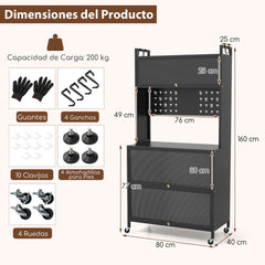 Estante de Cocina de 5 Niveles con Luces Soporte para Microondas con Puertas Gabinete para Despensa con Ruedas Aparador para Comedor Negro