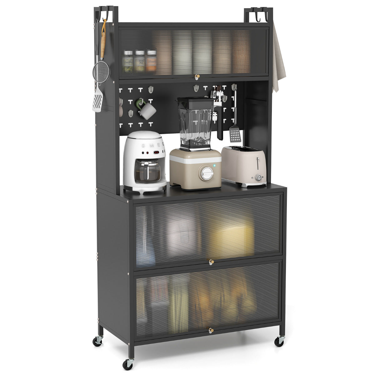 Estante de Cocina de 5 Niveles con Luces Soporte para Microondas con Puertas Gabinete para Despensa con Ruedas Aparador para Comedor Negro
