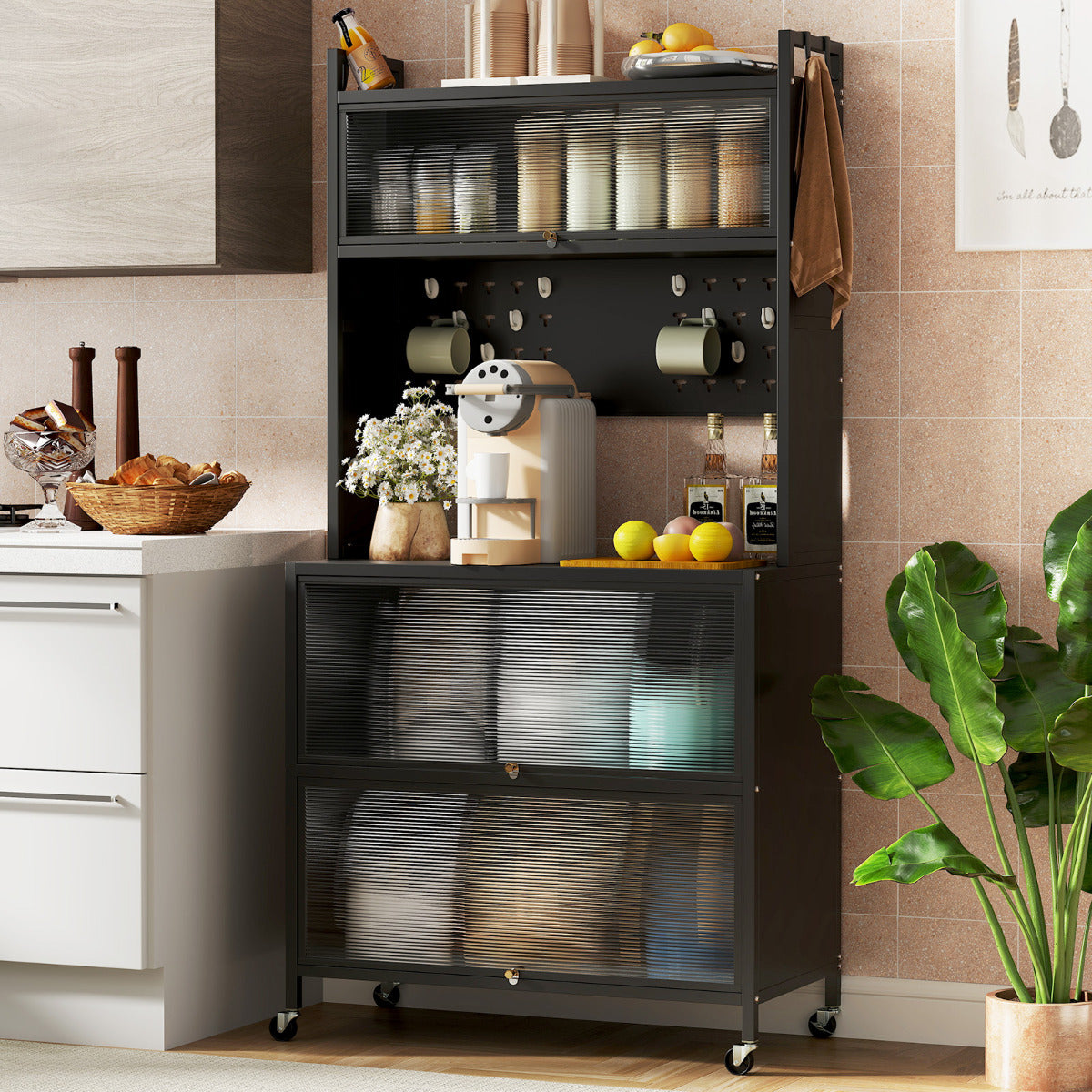 Estante de Cocina de 5 Niveles con Luces Soporte para Microondas con Puertas Gabinete para Despensa con Ruedas Aparador para Comedor Negro