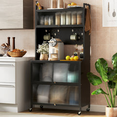 Estante de Cocina de 5 Niveles con Luces Soporte para Microondas con Puertas Gabinete para Despensa con Ruedas Aparador para Comedor Negro