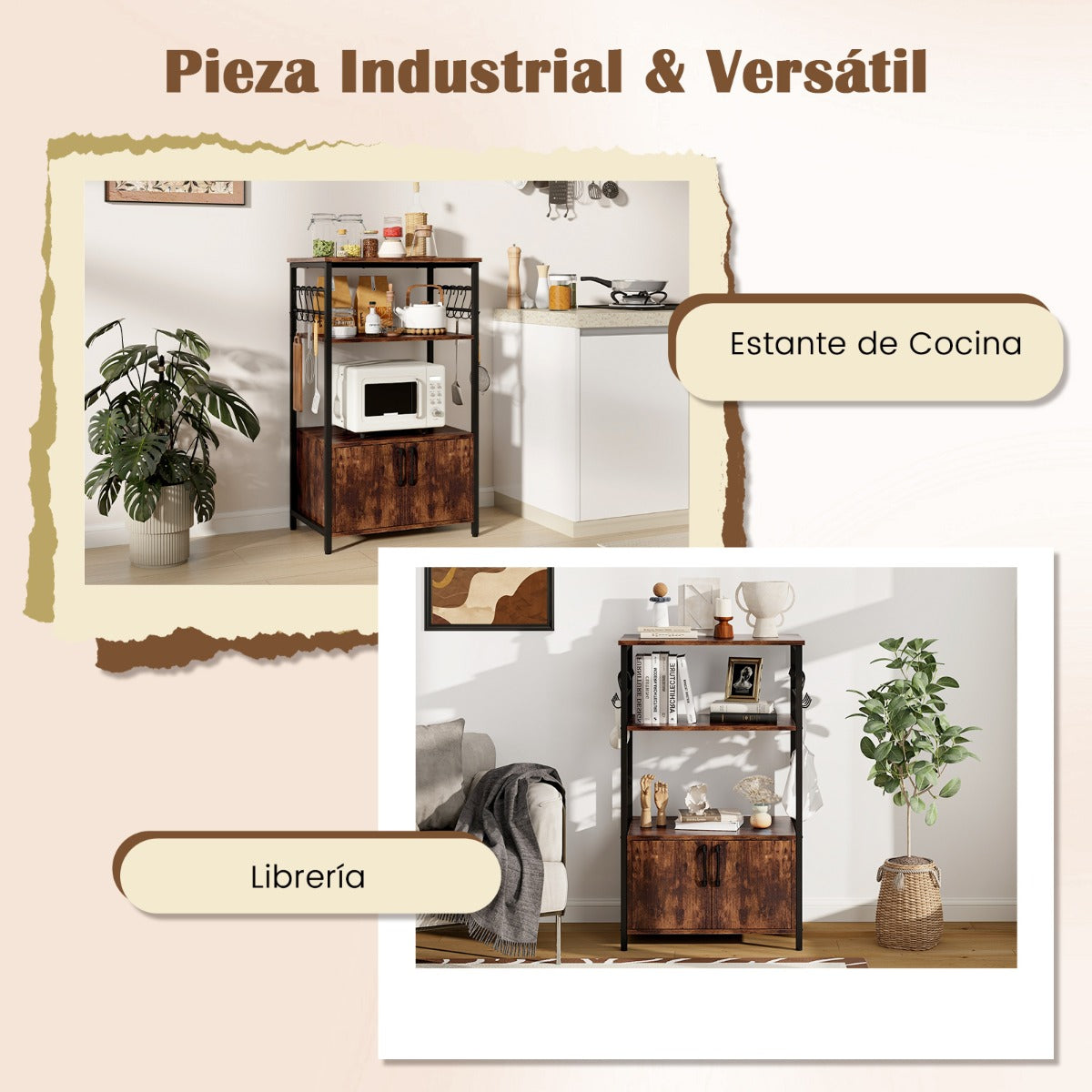 Estante de Almacenamiento Gabinete de 3 Niveles con 2 Estantes Soporte para Microondas Marco de Metal para Sala de Estar Comedor Marrón