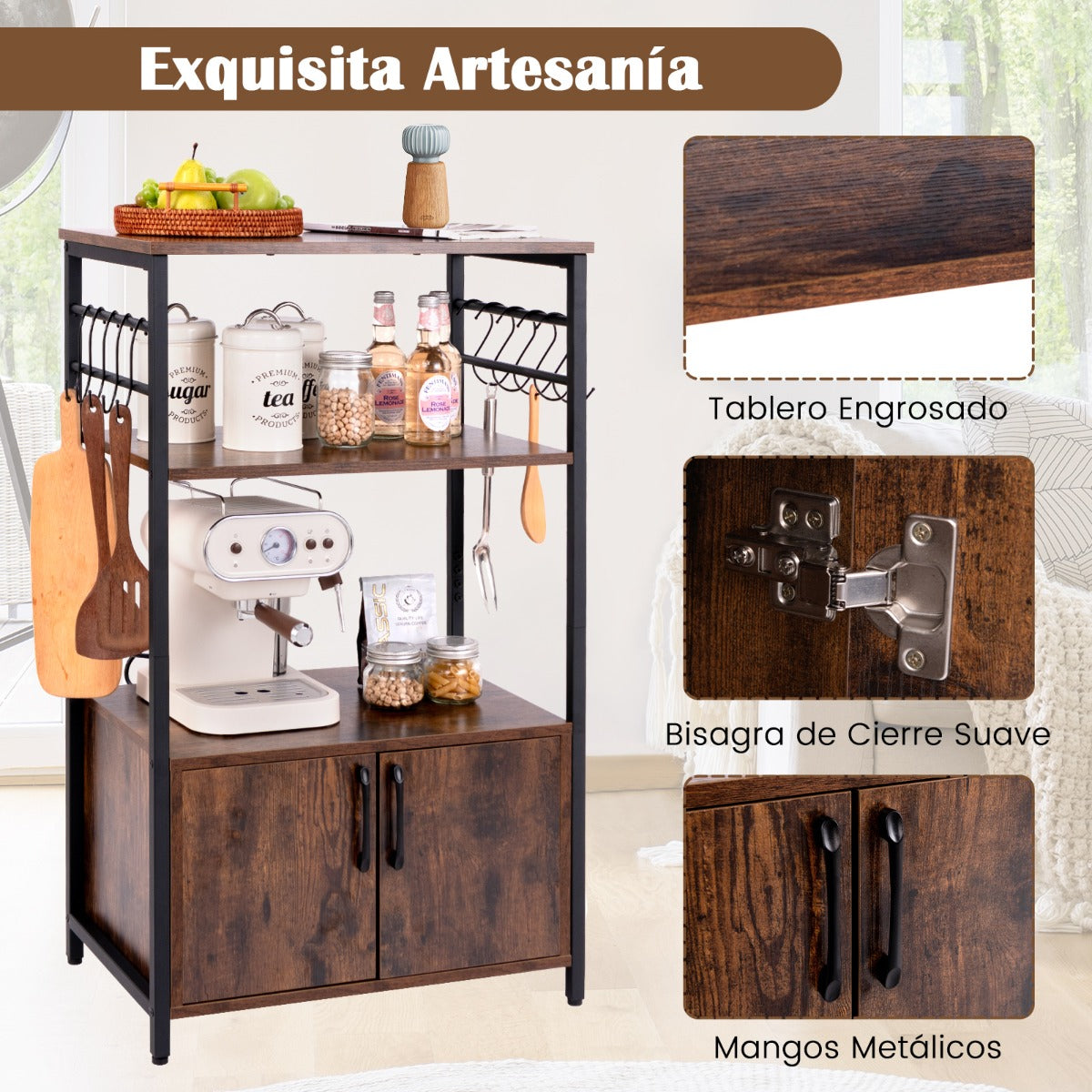Estante de Almacenamiento Gabinete de 3 Niveles con 2 Estantes Soporte para Microondas Marco de Metal para Sala de Estar Comedor Marrón