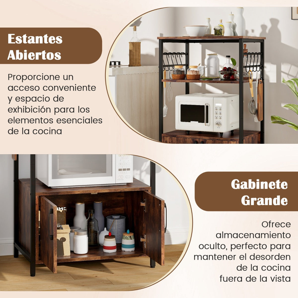 Estante de Almacenamiento Gabinete de 3 Niveles con 2 Estantes Soporte para Microondas Marco de Metal para Sala de Estar Comedor Marrón