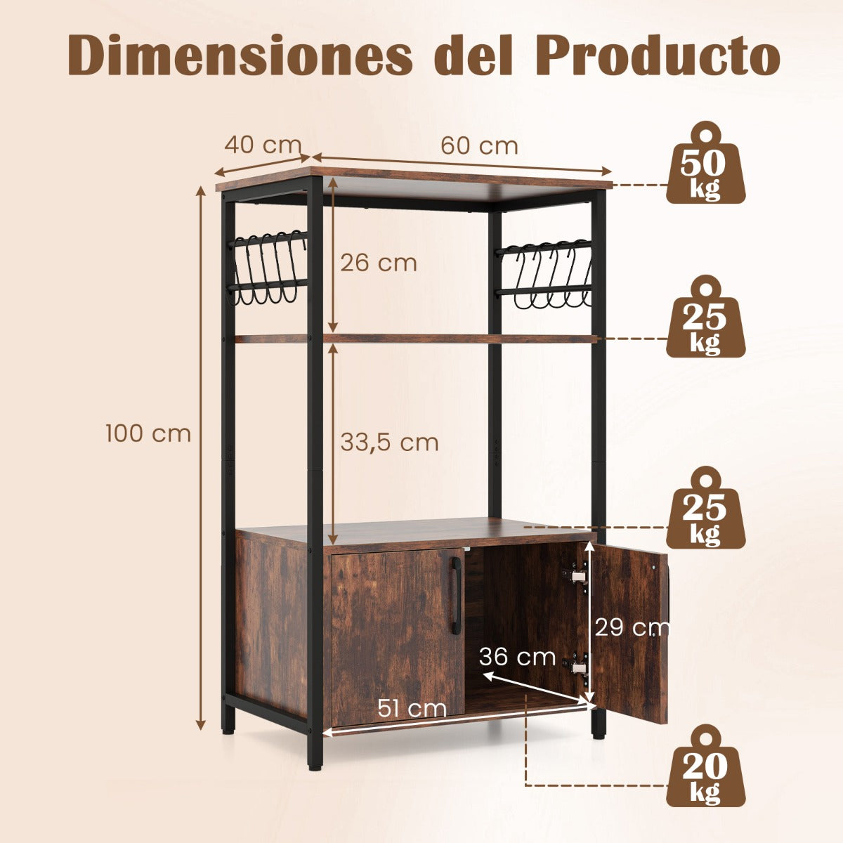 Estante de Almacenamiento Gabinete de 3 Niveles con 2 Estantes Soporte para Microondas Marco de Metal para Sala de Estar Comedor Marrón