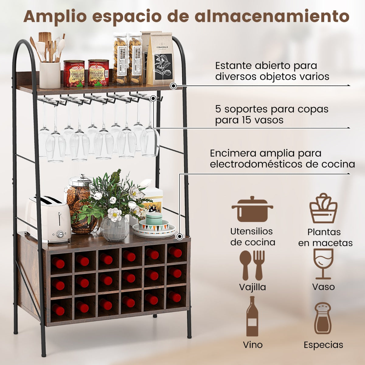 Botellero Vino para 18 Botellas Estantería con 2 Estantes y Sistema Antivuelco para Cocina Bar y Restaurante 63 x 32 x 114,5 cm Marrón