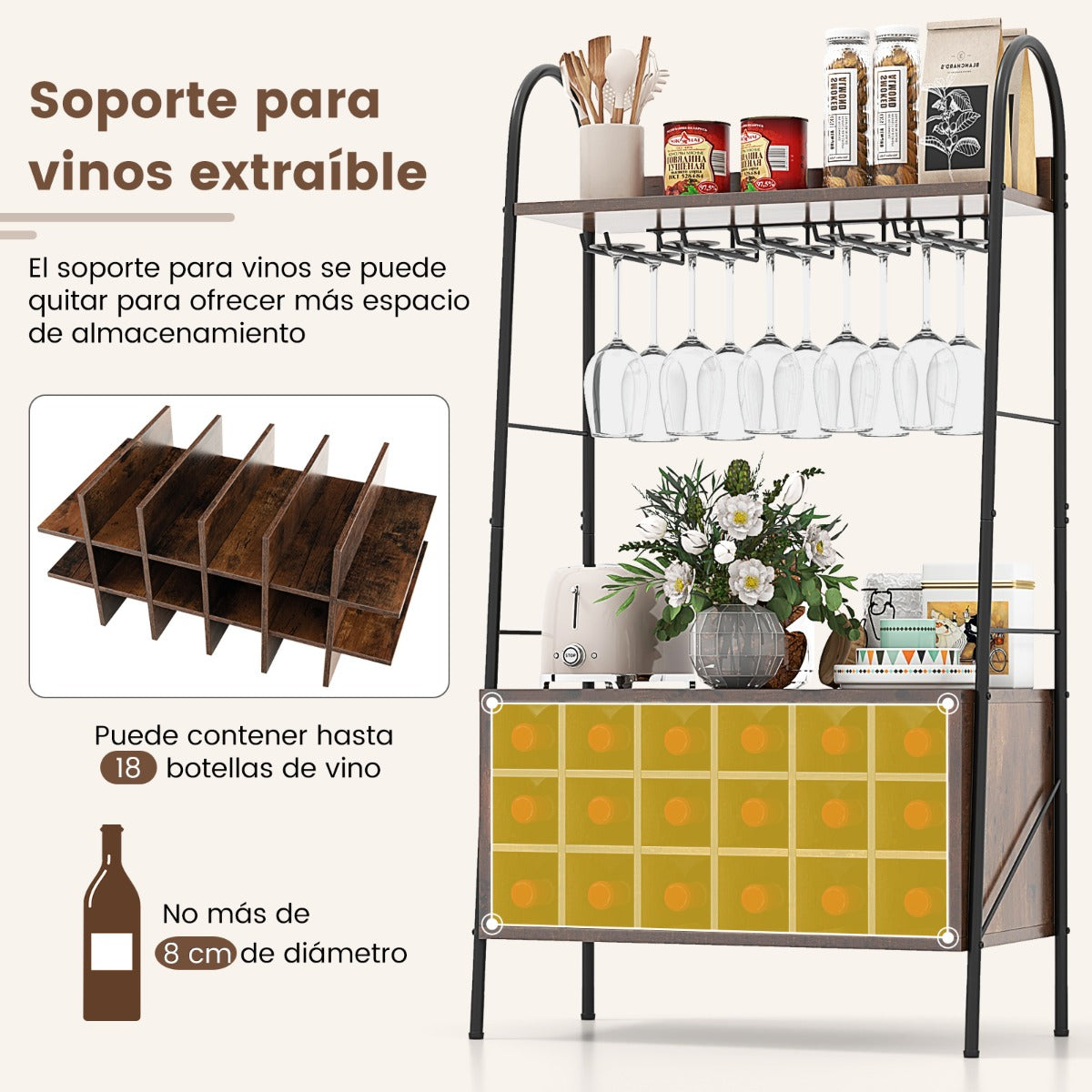 Botellero Vino para 18 Botellas Estantería con 2 Estantes y Sistema Antivuelco para Cocina Bar y Restaurante 63 x 32 x 114,5 cm Marrón
