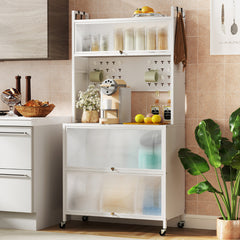 Estante de Cocina de 5 Niveles con Luces Soporte para Microondas con Puertas Gabinete para Despensa con Ruedas Aparador para Comedor Blanco
