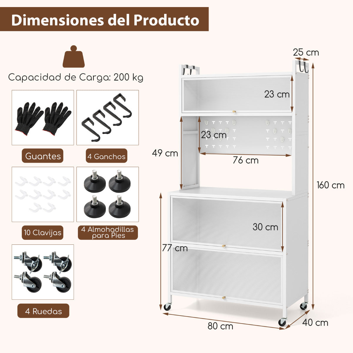 Estante de Cocina de 5 Niveles con Luces Soporte para Microondas con Puertas Gabinete para Despensa con Ruedas Aparador para Comedor Blanco