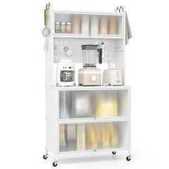 Estante de Cocina de 5 Niveles con Luces Soporte para Microondas con Puertas Gabinete para Despensa con Ruedas Aparador para Comedor Blanco