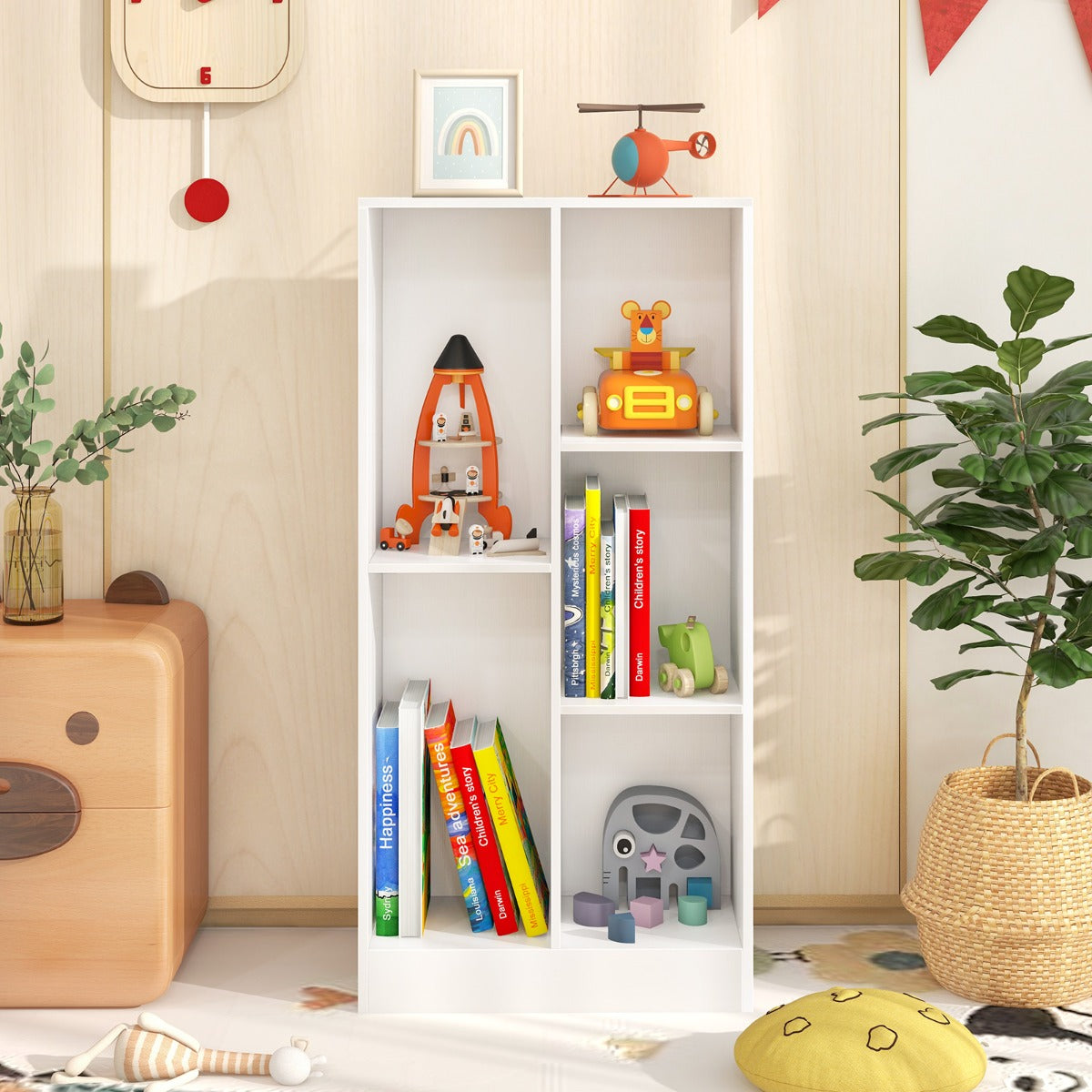 Estante de Libros de 5 Cubos Organizador de Almacenamiento Independiente Antivuelco para Salón Dormitorio Oficina 50 x 24 x 104 cm Blanco