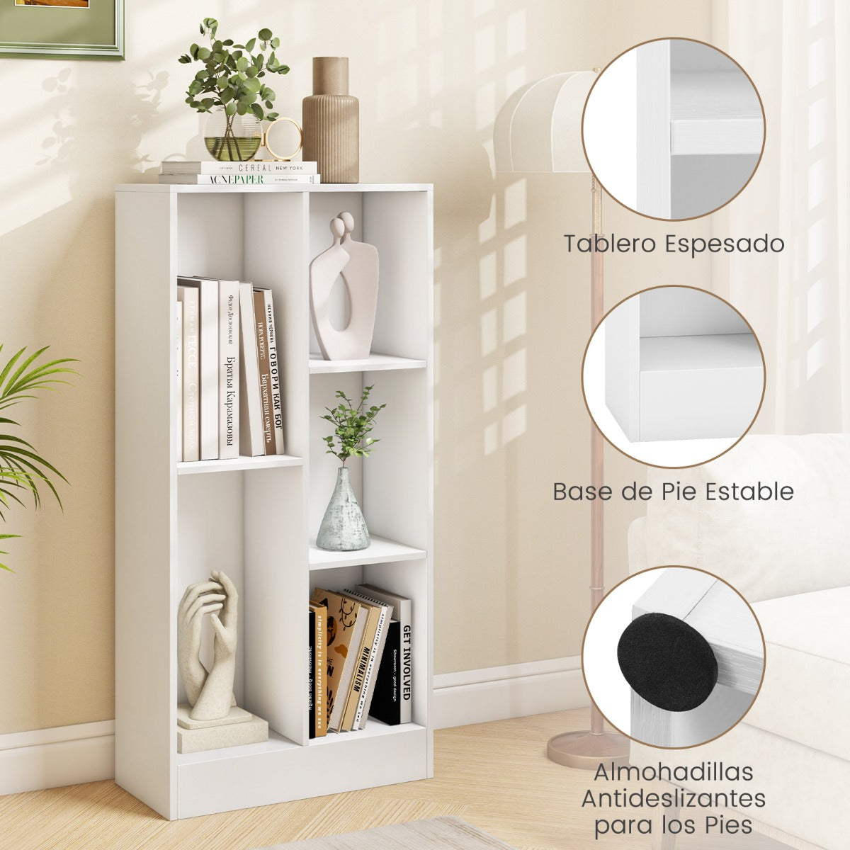 Estante de Libros de 5 Cubos Organizador de Almacenamiento Independiente Antivuelco para Salón Dormitorio Oficina 50 x 24 x 104 cm Blanco
