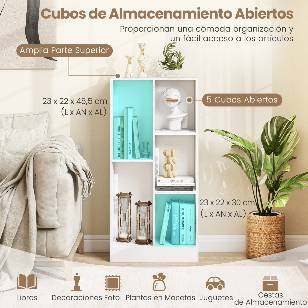 Estante de Libros de 5 Cubos Organizador de Almacenamiento Independiente Antivuelco para Salón Dormitorio Oficina 50 x 24 x 104 cm Blanco