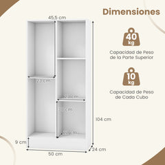 Estante de Libros de 5 Cubos Organizador de Almacenamiento Independiente Antivuelco para Salón Dormitorio Oficina 50 x 24 x 104 cm Blanco