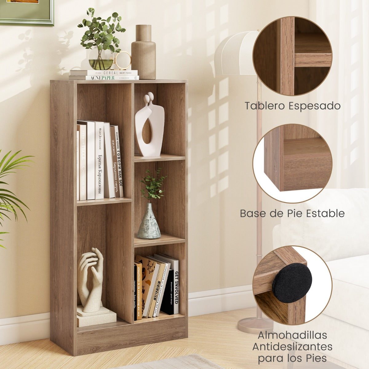 Estante de Libros de 5 Cubos Organizador de Almacenamiento Independiente Antivuelco para Salón Dormitorio Oficina 50 x 24 x 104 cm Natural