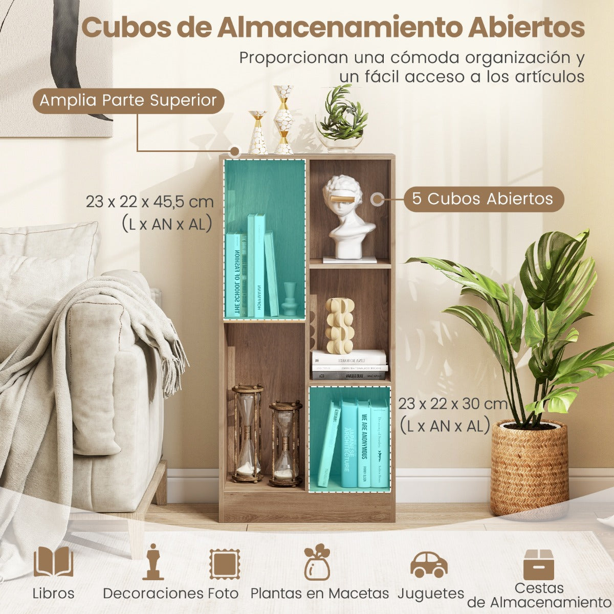Estante de Libros de 5 Cubos Organizador de Almacenamiento Independiente Antivuelco para Salón Dormitorio Oficina 50 x 24 x 104 cm Natural