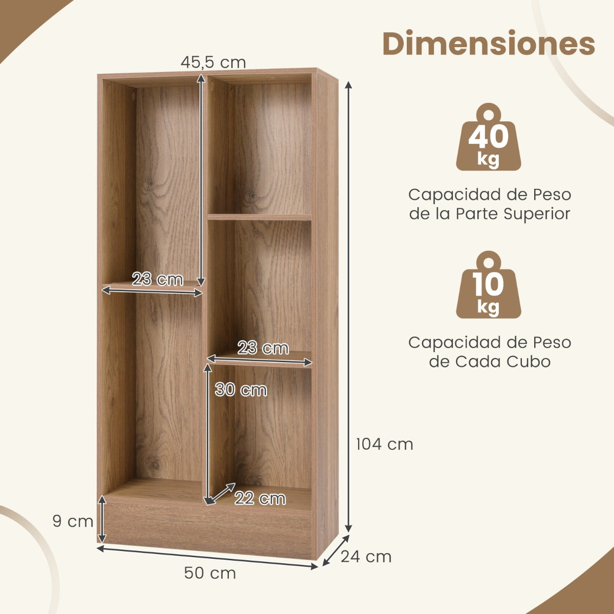 Estante de Libros de 5 Cubos Organizador de Almacenamiento Independiente Antivuelco para Salón Dormitorio Oficina 50 x 24 x 104 cm Natural
