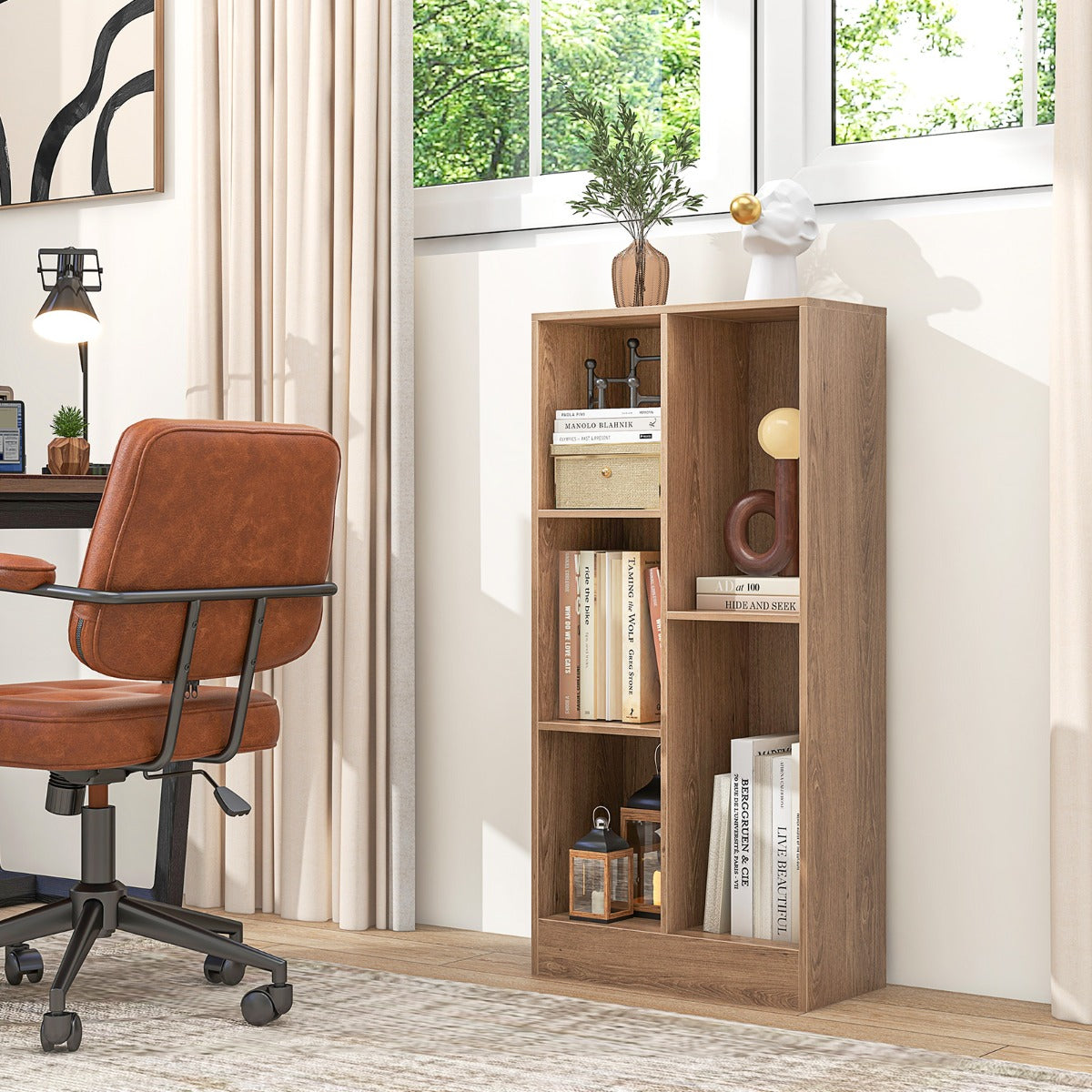 Estante de Libros de 5 Cubos Organizador de Almacenamiento Independiente Antivuelco para Salón Dormitorio Oficina 50 x 24 x 104 cm Natural