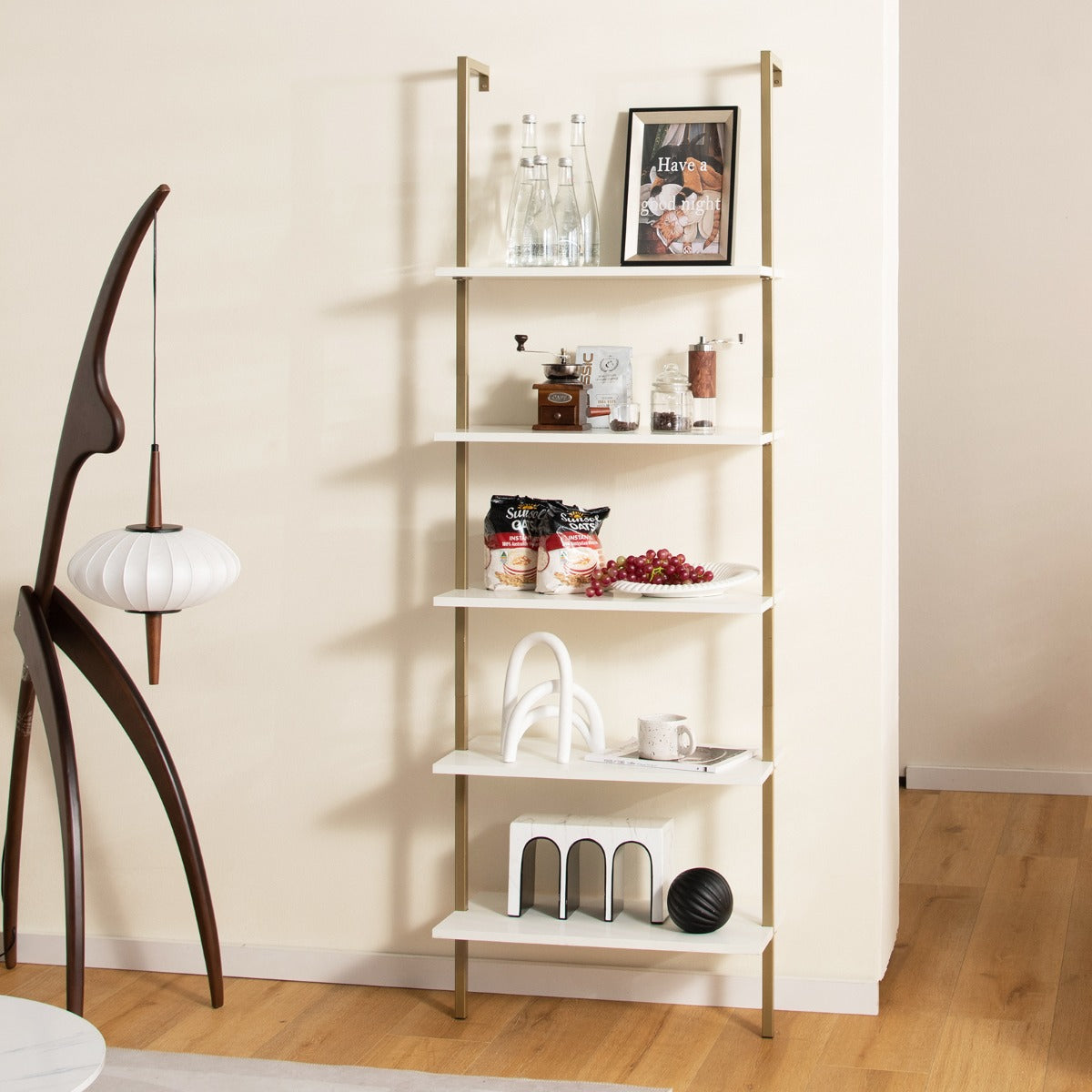 Estante de Escalera de 5 Niveles Montada en la Pared Organizador para Oficina Blanco y Dorado 60 x 30 x 180 cm