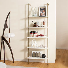 Estante de Escalera de 5 Niveles Montada en la Pared Organizador para Oficina Blanco y Dorado 60 x 30 x 180 cm
