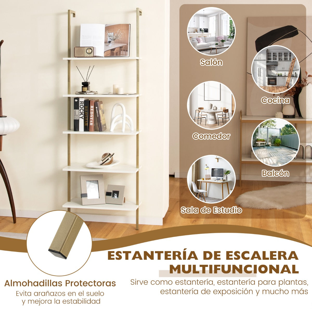 Estante de Escalera de 5 Niveles Montada en la Pared Organizador para Oficina Blanco y Dorado 60 x 30 x 180 cm