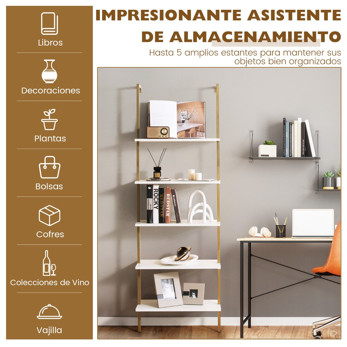 Estante de Escalera de 5 Niveles Montada en la Pared Organizador para Oficina Blanco y Dorado 60 x 30 x 180 cm