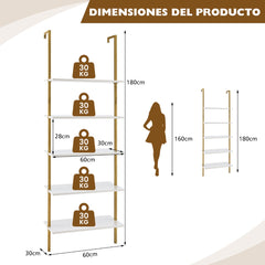 Estante de Escalera de 5 Niveles Montada en la Pared Organizador para Oficina Blanco y Dorado 60 x 30 x 180 cm
