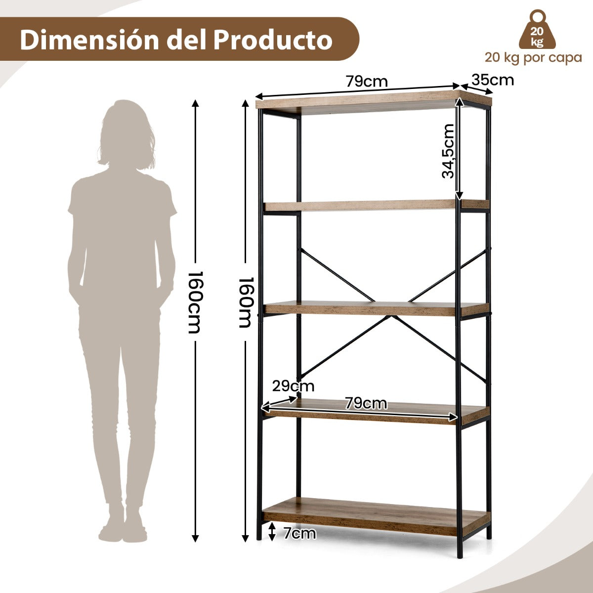 Estantería de 5 Niveles con Marco de Metal Estante de Madera iIndustrial 79 x 35 x 159,5 cm Marrón