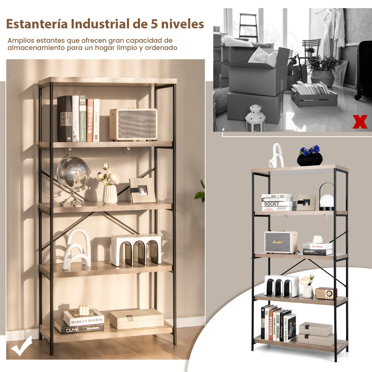Estantería de 5 Niveles con Marco de Metal Estante de Madera iIndustrial 79 x 35 x 159,5 cm Gris