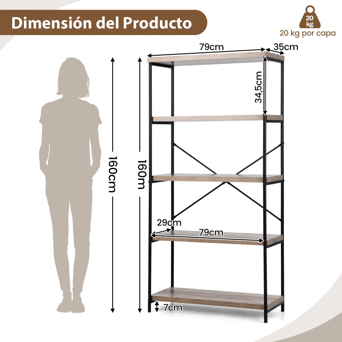 Estantería de 5 Niveles con Marco de Metal Estante de Madera iIndustrial 79 x 35 x 159,5 cm Gris