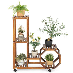 Estante de Madera para Plantas de Múltiples Capas Estante para Flores con Ruedas Bloqueables para Balcón Jardín Patio 87,5 x 29 x 102,5 cm