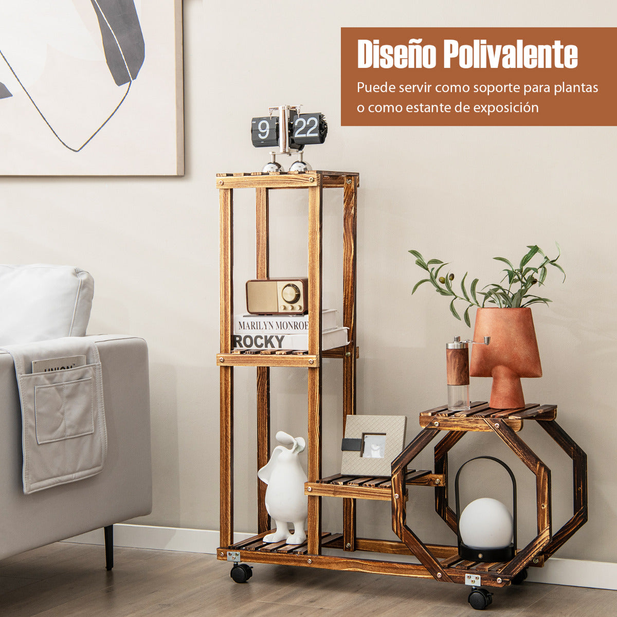Estante de Madera para Plantas de Múltiples Capas Estante para Flores con Ruedas Bloqueables para Balcón Jardín Patio 87,5 x 29 x 102,5 cm