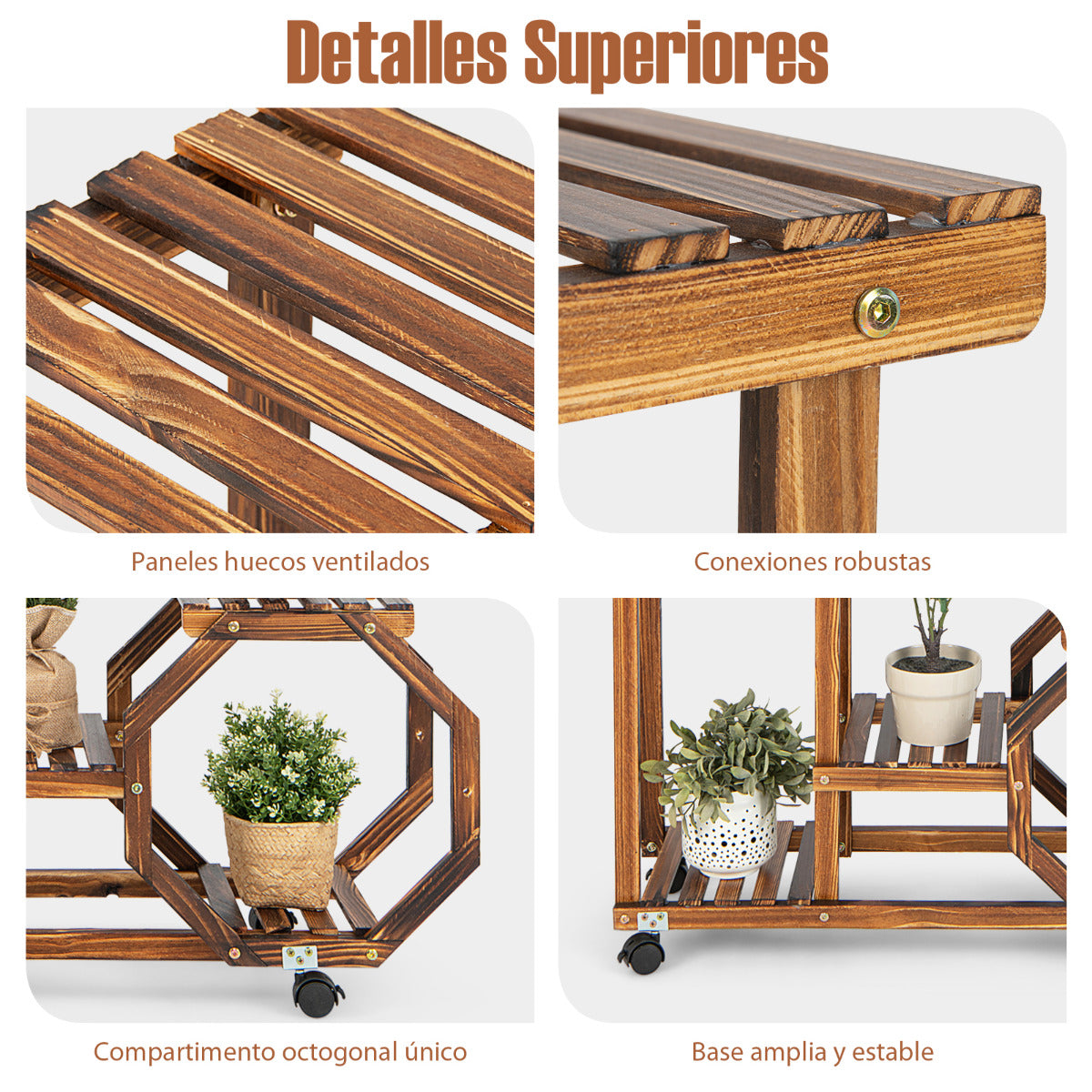 Estante de Madera para Plantas de Múltiples Capas Estante para Flores con Ruedas Bloqueables para Balcón Jardín Patio 87,5 x 29 x 102,5 cm