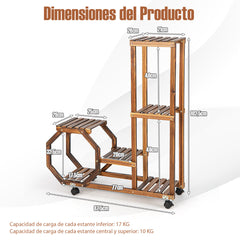 Estante de Madera para Plantas de Múltiples Capas Estante para Flores con Ruedas Bloqueables para Balcón Jardín Patio 87,5 x 29 x 102,5 cm