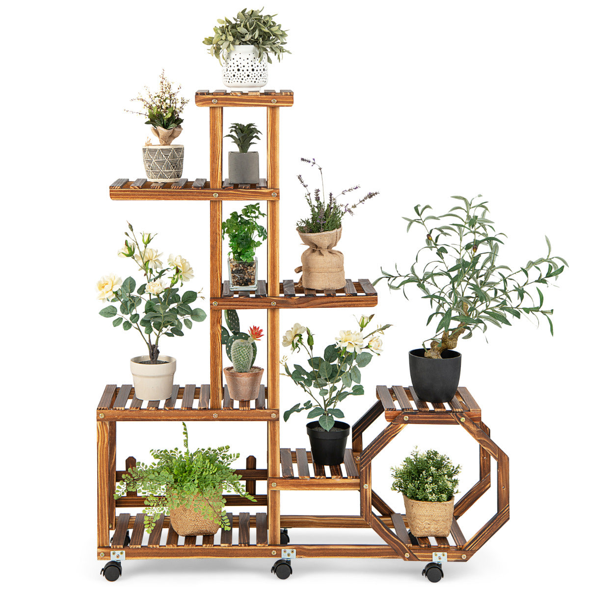 Estante de Madera para Plantas de Múltiples Capas Estante para Flores con Ruedas Bloqueables para Balcón Jardín Patio 107 x 29 x 126 cm